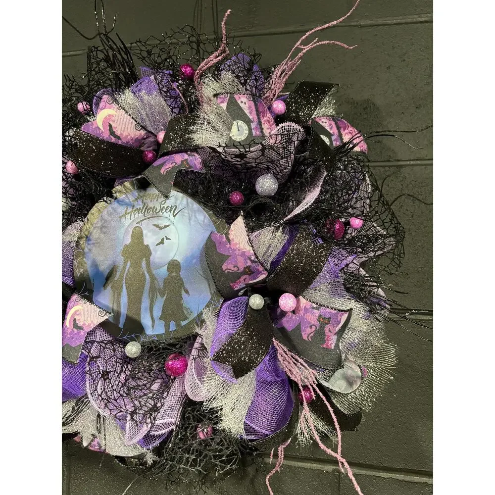 Witchy Halloween Wreath – Purple & Black Deco Mesh Door Decor – Handmade 24 inch - Picture 4 of 6
